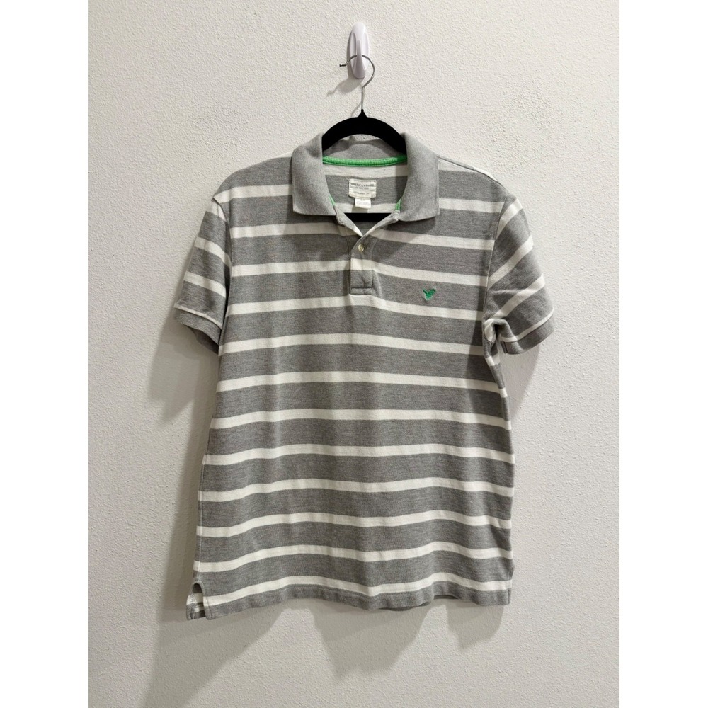 American Eagle Y2K Striped Polo Shirt Men's Small Gray White Green Eagle Logo